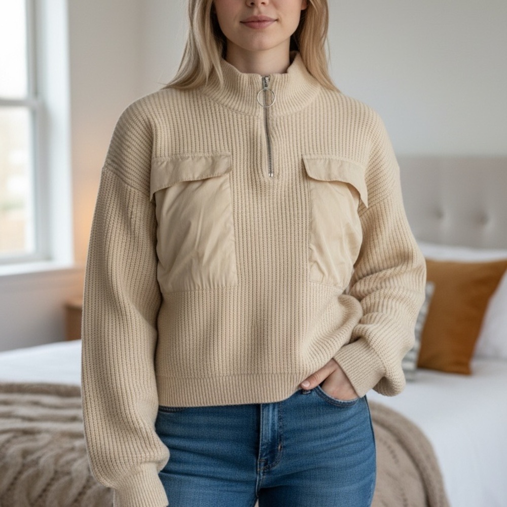 Mango Ribbed Half-Zip Utility Sweater - L/XL